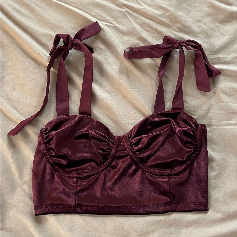 NWOT Burgundy Velvet Bralette top with Tie ribbon straps